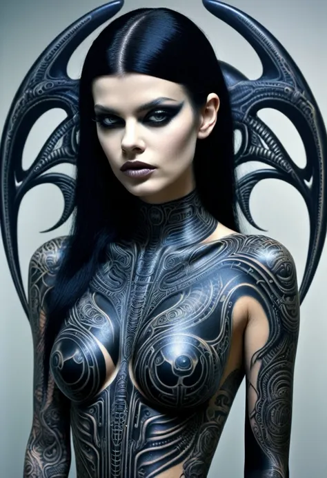 Hr giger tattoos on female model