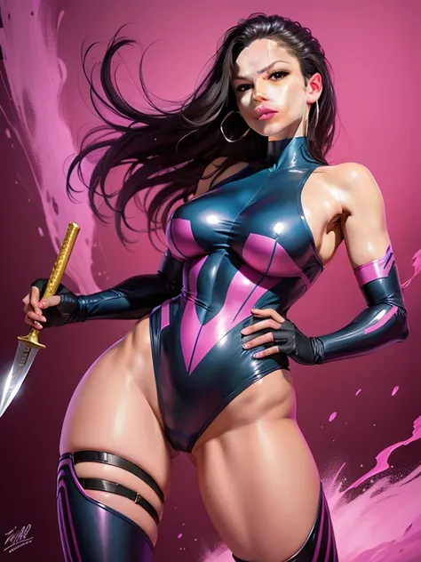 ((digital drawing)),((4k)),((JIM EIDOMODE)), a close-up of a woman in a blue suit holding a knife, Psylocke, Kate Bishop, nico robin, in digital illustration style, bright digital painting, comic digital art, in a mixed æon flow style, 90s comic character ...