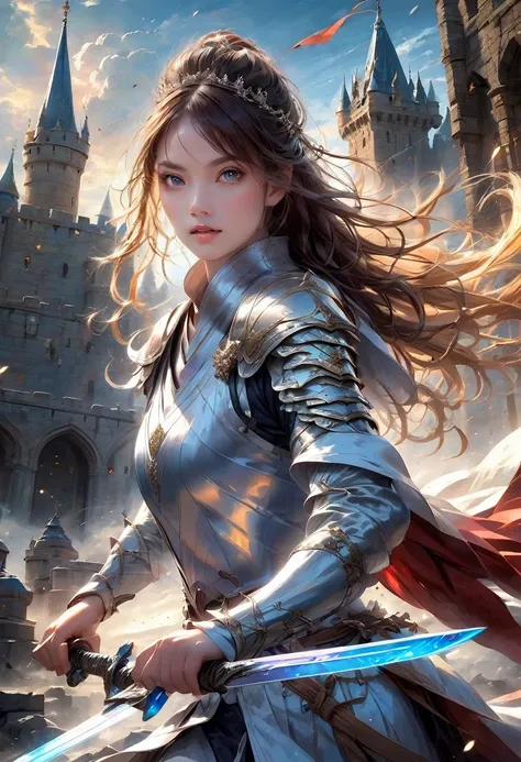 1girl,Swordsman,(with sword and armor),medieval setting,heroic pose,dramatic lighting,vivid colors,realistic details,strong and muscular,action-packed,blade sparkling in sunlight,background of castle and mountains,battlefield chaos,worn and battle-scarred ...