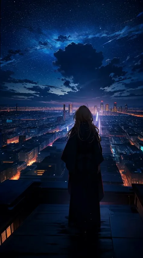 １people々々々々々々,Blonde long-haired woman，Long coat， Dress Silhouette， Rear View，Space Sky, comet, Anime Style, City night view from the rooftop，