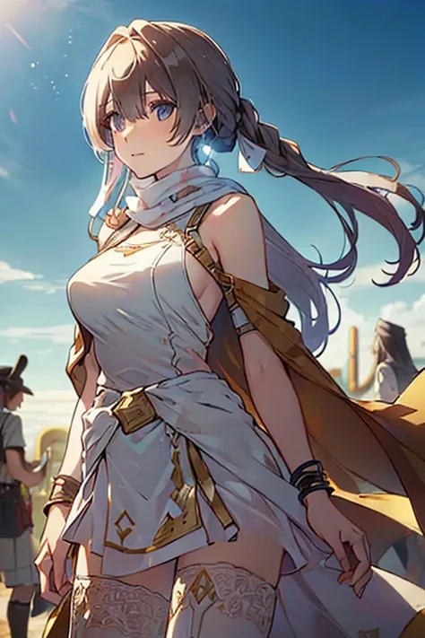 ((in a desert:1.5)), a matured woman with long hair and a white outfit, (resting in oasis:1.2), Arabic, Post apocalyps, from arknights, artwork in the style of guweiz, bodyesbian, fine details. girls frontline, beautiful anime illustration, from girls fron...