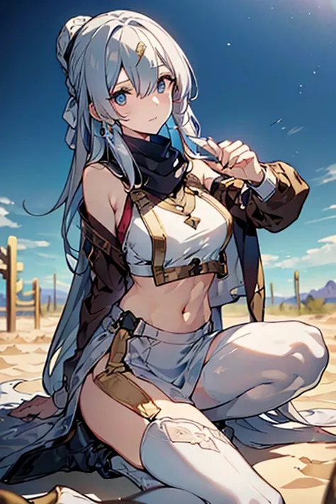 ((in a desert:1.5)), a matured woman with long hair and a white outfit, (resting in oasis:1.2), Arabic, Post apocalyps, from arknights, artwork in the style of guweiz, bodyesbian, fine details. girls frontline, beautiful anime illustration, from girls fron...