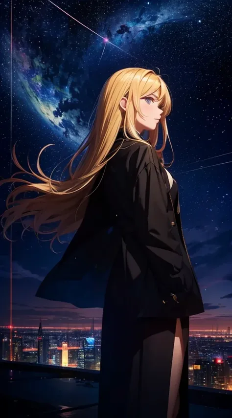 １people々々々々々々々々,Blonde long-haired woman，Long coat， Dress Silhouette， Rear View，Space Sky, comet, Anime Style, City night view from the rooftop，