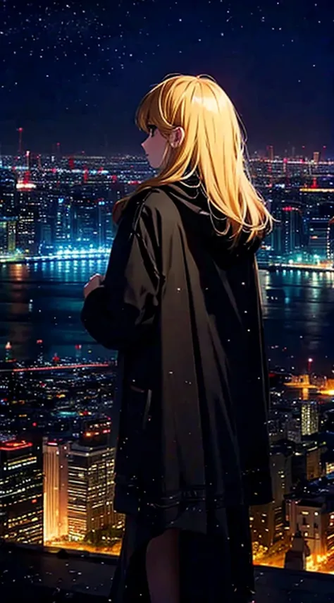 １people々々々々々々々々,Blonde long-haired woman，Long coat， Dress Silhouette， Rear View，Space Sky, comet, Anime Style, City night view from the rooftop，