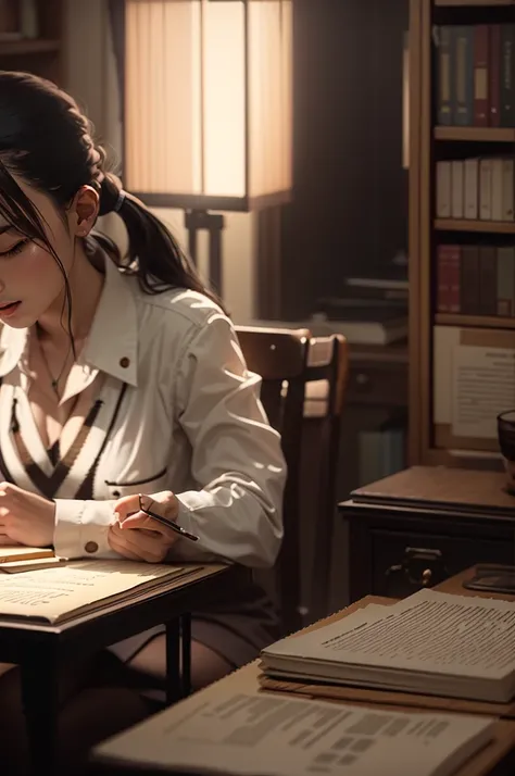 There is a woman sitting at a desk writing a book, study in a brightly lit room, studying in the bedroom, Live-action movie stills, A scene from a live-action movie, anime. Soft lighting, study, A luxurious study with warm lighting, Investigative Chiaroscu...