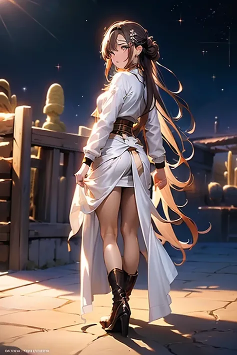 ((in a desert:1.5)), a matured woman with long hair and a white outfit, (resting in oasis:1.2), Arabic, Post apocalyps, from arknights, artwork in the style of guweiz, bodyesbian, fine details. girls frontline, beautiful anime illustration, from girls fron...