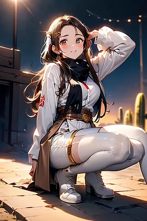 ((in a desert:1.5)), a matured woman with long hair and a white outfit, (resting in oasis:1.2), Arabic, Post apocalyps, from arknights, artwork in the style of guweiz, bodyesbian, fine details. girls frontline, beautiful anime illustration, from girls fron...