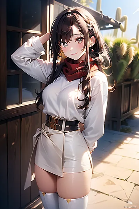 ((in a desert:1.5)), a matured woman with long hair and a white outfit, (resting in oasis:1.2), Arabic, Post apocalyps, from arknights, artwork in the style of guweiz, bodyesbian, fine details. girls frontline, beautiful anime illustration, from girls fron...