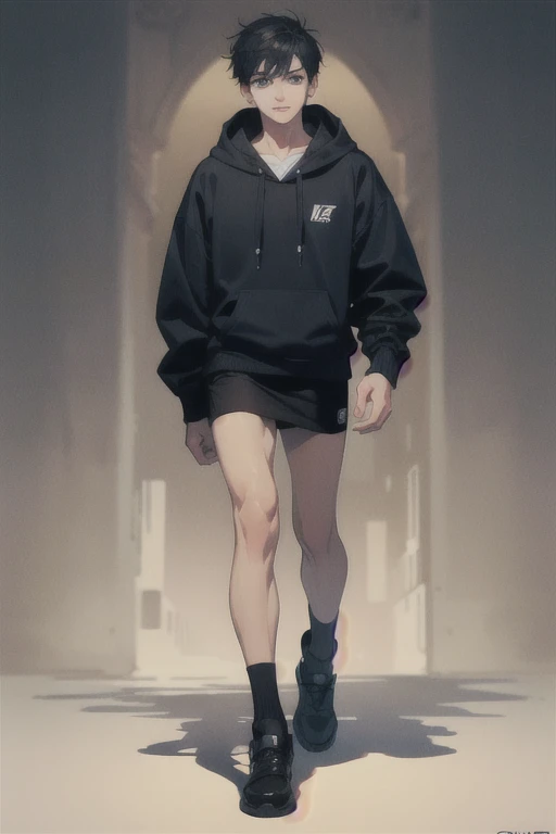 Chiseled features, blue eyes, black hair, thin, masculine, 1 male, teenager, hoodie, short peated skirt, full body, pretty, hyper detailed, masterpeice. illustrated