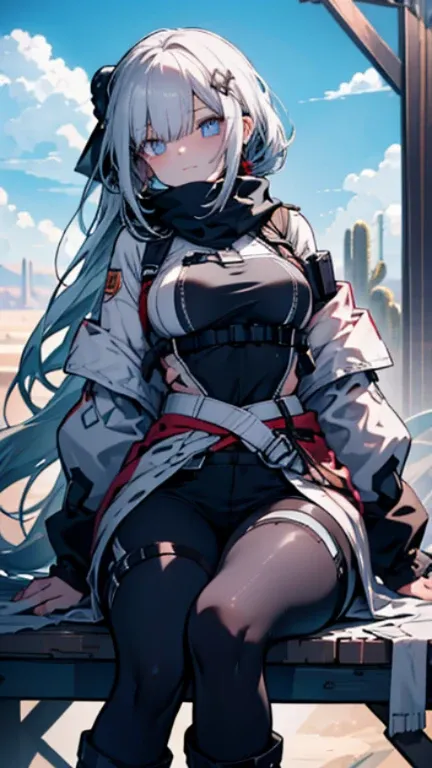 ((in a desert:1.5)), a matured woman with long hair and a white outfit, (resting in oasis:1.2), Arabic, Post apocalyps, from arknights, artwork in the style of guweiz, bodyesbian, fine details. girls frontline, beautiful anime illustration, from girls fron...