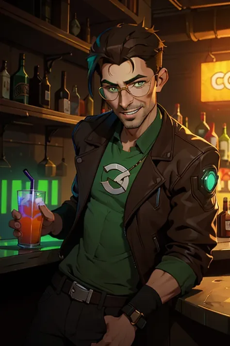 jon, a young guy in his 30s with asymmetric very short brown hair, green eyes with brown specs, a flat nose, smooth skin, slim athletic body, laughing loud, wearing cyberpunk jacket, cyberpunk bar in background, drink in hand