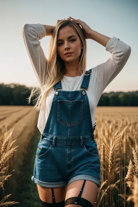 playful girl, blonde hair, long bob ,(in denim overalls ) a wreath on his head walks through a wheat field  , ((stockings)), bea...