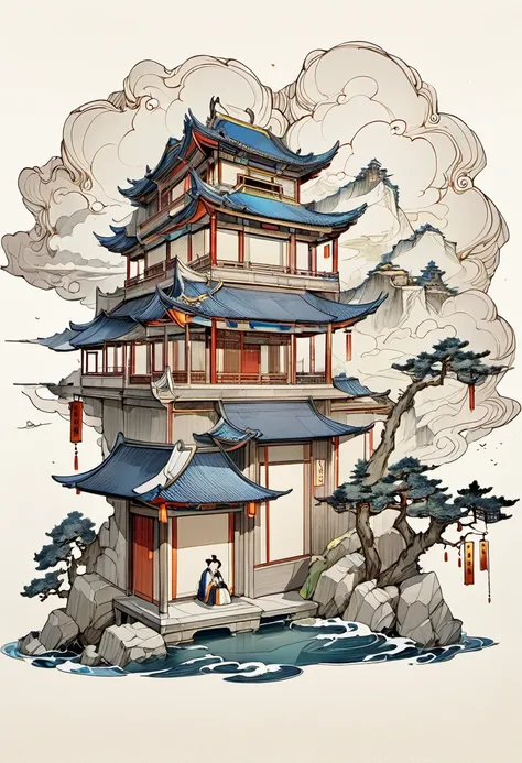 Chinese traditionallandscpae with anoff white background with a light gray thinines texturewith old paper texture featuringchinese art,Song dynasty, Xuan paper, Goofy.Solitary cloud, Sit alone, JingtingMountain,Never get tired of it, Look at eachother