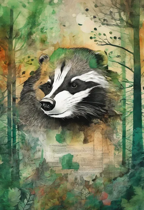 tired badger, discouraged demoralized look, depressed posture, green forest background ::2 colorful ink painting ::2 art fantasy