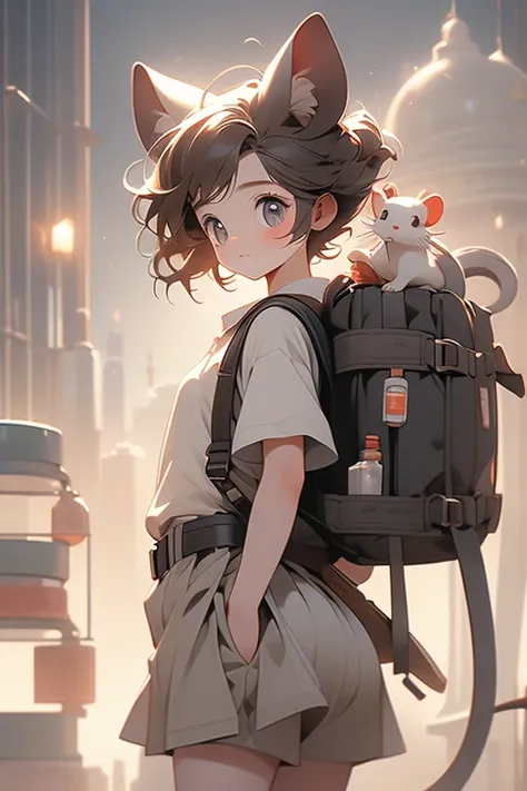 , Small stature, adorable, innocent doe eyes, long rat tail, perky rat ears, messy short brown hair, lithe build with ample bottom and wide hips, big butt, gray linen shirt, gray skirt, tool belt full of vials, enormous backpack full of tools and things