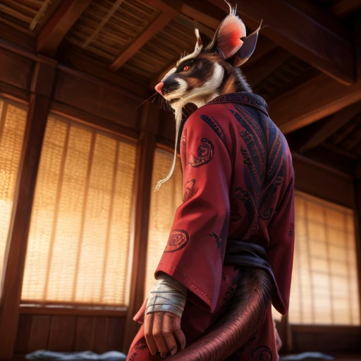 low-angle view,
standing, dojo, japanese temple, inside, clothed, kimono, red kimono, rat tail, red eyes, goatee, brown body, wh...