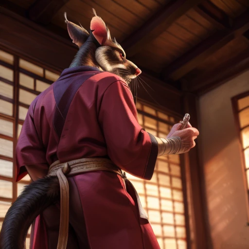 low-angle view,
standing, dojo, japanese temple, inside, clothed, kimono, red kimono, rat tail, red eyes, goatee, brown body, wh...