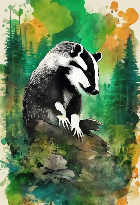 tired badger, discouraged demoralized look, depressed posture, green forest background ::2 colorful ink painting ::2 art fantasy