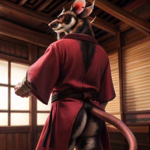 low-angle view,
standing, dojo, japanese temple, inside, clothed, kimono, red kimono, rat tail, red eyes, goatee, brown body, wh...