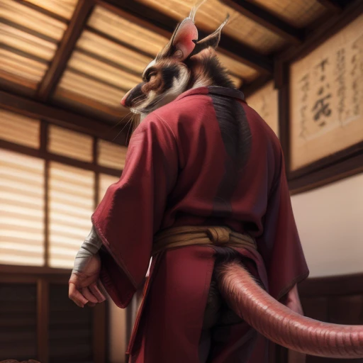 low-angle view,
standing, dojo, japanese temple, inside, clothed, kimono, red kimono, rat tail, red eyes, goatee, brown body, wh...