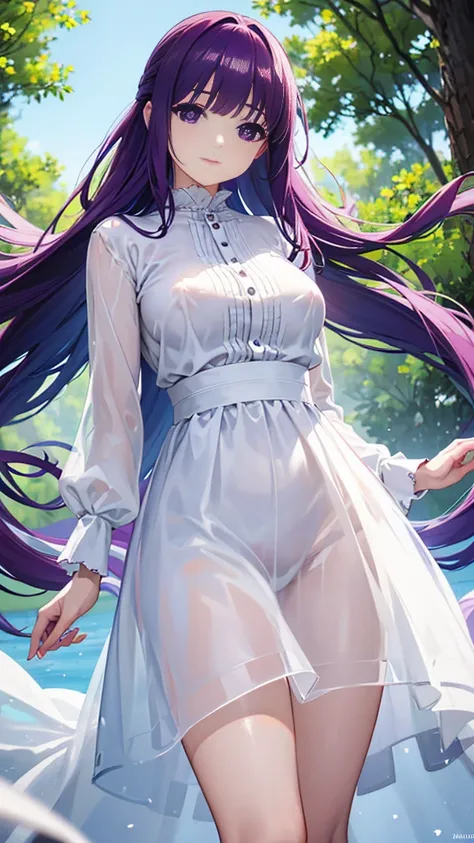 Super detailed, (NSFW), masterpiece, High resolution, Photorealistic digital art, perfect lighting, (((1 girl, perfect anatomy))), accurate right hand, accurate left hand, five fingers, perfect style, Fern, big purple eyes, glossy lips, purple hair, shiny ...