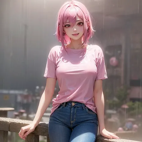 (1Girl, 18yo, ((messy bubblegum pink hair)), she are smiling, pink slutry eyes, (wearing ((sexy)) tight jeans and white t-shirt)), ((In a rain))