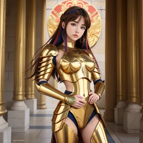 une femme, 25 ans, manga, cheveux longs, cheveux multicolores, high level of detail, saint seiya, armure rouge, bronze armor, red armor, signes du zodiaque, Grèce antique, Dans un temple antique, armure du zodiac, zodiac cloth, Carved