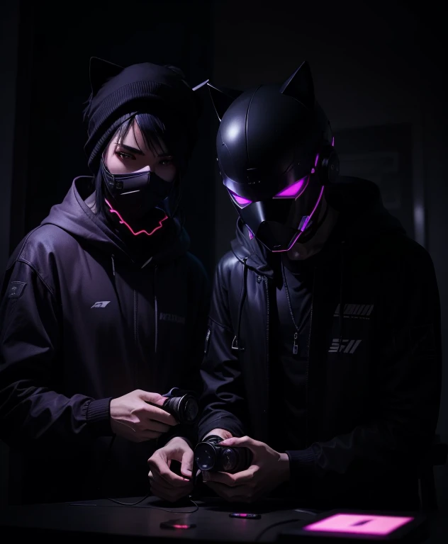 two men in masks are playing with a camera in the dark, cyber aesthetic, cyber noir, metal cat ears and glowing eyes, gamer aesthetic, vantablack cloth technology, cybercat, in cyberpunk aesthetic, hidari and vlop, wearing cyberpunk streetwear, blacklight ...