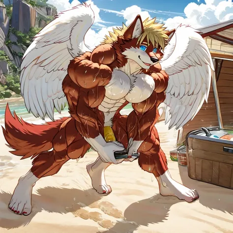 (masterpiece, Best quality:1.2), wolf boy, lay on beach, erected penis, body covered in red fur, Furry style,sexual,horny,very muscular wild ,full height,veiny massive muscles, very long blond hair,freckles on the body and face,blue eyes,defined muscles,we...