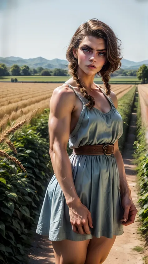 1girl, 20 years old, tall and attractive, wearing a cute country dress, hair braided, standing in a rustic farm setting. She has a soft, gentle smile and expressive eyes. In the background are charming barns, golden wheat fields and clear blue skies. The c...