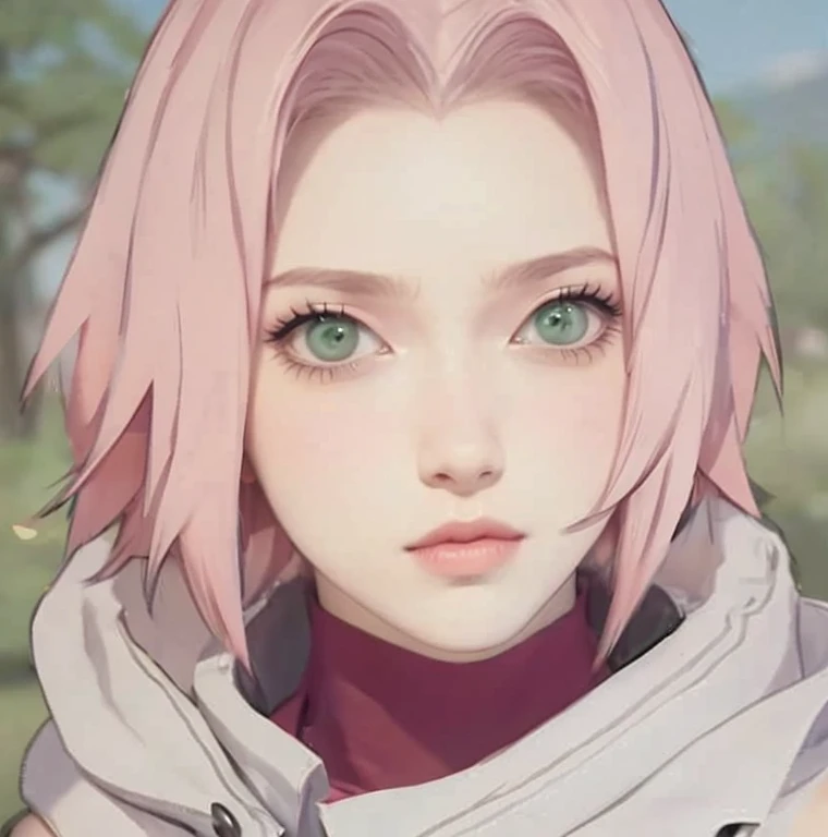 young woman, short shoulder-length pink hair, wide forehead, porcelain skin, pink eyebrows, big emerald green eyes, buttoned nose, full lips, heart-shaped face, slender body, small breasts, red tank top, Sakura Haruno , realistic, realism, details, 3d, wel...