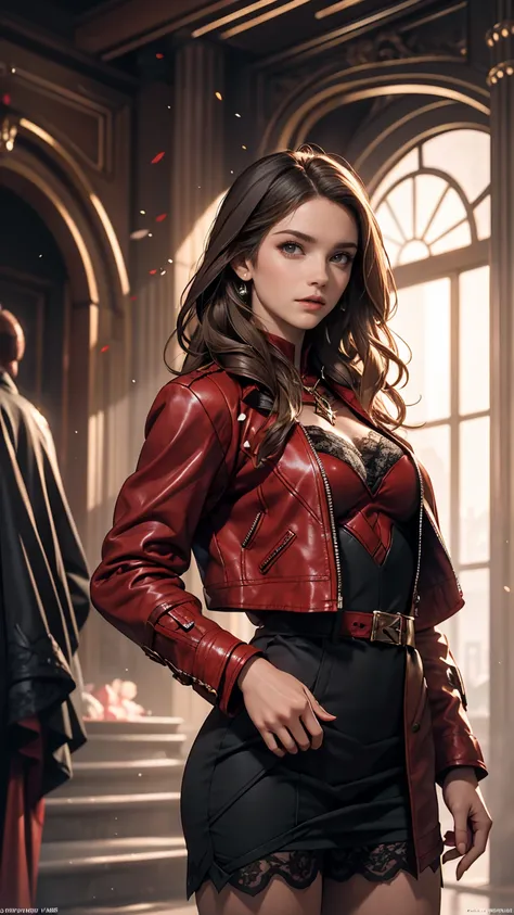 Highly detailed female photos, Lola Elizabeth, Scarlet Witch, the avengers, wearing a black lace dress, Open red leather jacket, 8K Ultra HD, Raw photo, Model photoshoot