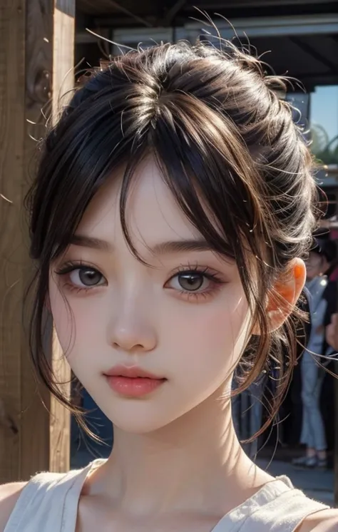 1 boy,more details in eyes,cute,looking at viewer, adorabel girl,cute face,details sky,pretty,young,juvenile,((masterpiece:1.4,best quality)),multiple details,colorful hair,eyeshadow,, sfw,   