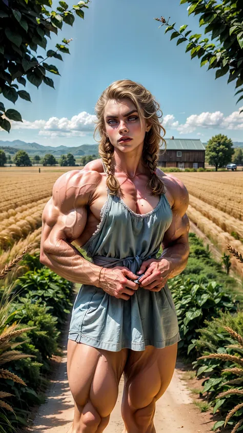 1girl, 20 years old, tall, muscular and very attractive, wearing a cute tight country dress, hair braided, wide shoulders, skinny legs, standing in a rustic farm setting. She has a soft, gentle smile and expressive eyes. In the background are charming barn...