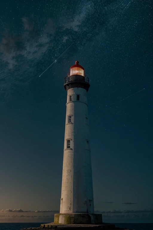 Please give us a photo of a lighthouse at to highlight with stars and cloud on the sky where the sea is clear. Maybe there is a boat there