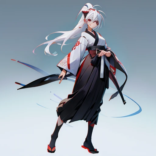 Full body painting, hakama, haori, white hair ponytail 