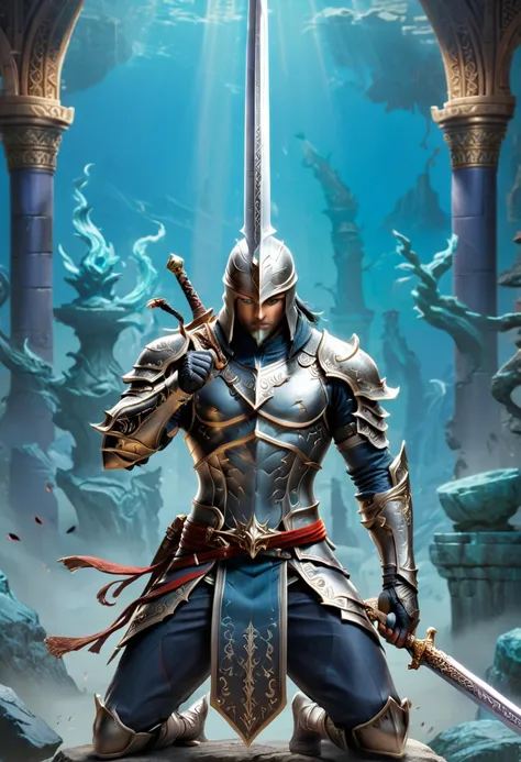 Sworasman, with sword, dynamic pose, cool color palette, Warm, detailed background, (masterpiece, best quality, Professional, perfect composition, very aesthetic, absurdres, ultra-detailed, intricate details:1.3)