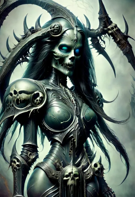 sexy seductive hr giger tattooed death reaper, undead head, seductive pose, mostly skeletal body,