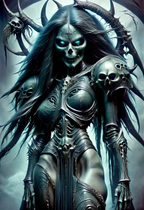 Sexy seductive hr giger tattooed death reaper, undead head, seductive pose, mostly skeletal body, 