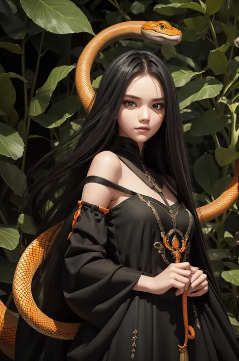 A wonderfull girl looking at us with snake like expression, Very Long Black Hairs((smooth hair)), Wonderfull Eyes(Green | Orange), fin face, tall girl, black thight cloth with long dress