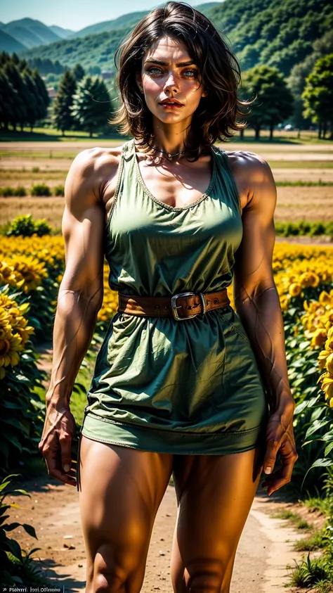 1girl, 20 years old, tall, muscular and very attractive, wearing a cute tight country dress, hair braided, wide shoulders, skinny legs, standing in a rustic farm setting. She has a soft, gentle smile and expressive eyes. In the background are charming barn...