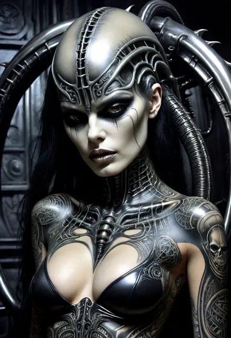 Sexy seductive hr giger tattooed death, undead head, seductive pose,