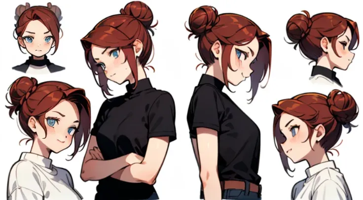 21 year old, redhead girl, armpit lenght hair (((happy flirty expression))) jeans and tight top, ((bun hairstyle)) (((detailed character sheet, frontal view, side view, three quarter view))) (((white background)))