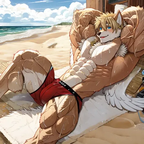 (masterpiece, Best quality:1.2), wolf boy, lying on the beach, in speedos, body covered in dark red fur, Furry style,sexual,horny,very muscular wild ,full height,veiny muscles, very long blond hair,freckles on the body and face,blue eyes,defined muscles,we...