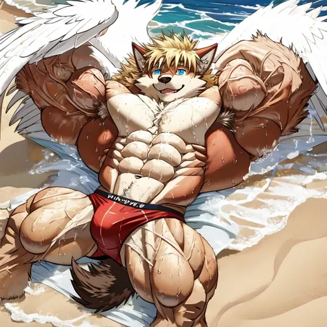 (masterpiece, Best quality:1.2), wolf boy, lying on the beach, in speedos, body covered in dark red fur, Furry style,sexual,horny,very muscular wild ,full height,veiny muscles, very long blond hair,freckles on the body and face,blue eyes,defined muscles,we...