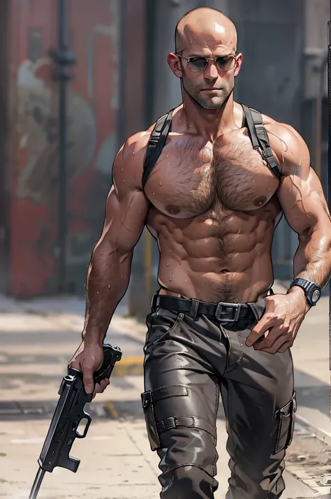 ((High Detail)), ((Sharp focus)), ((HD)), ((perfect eyes)), ((perfect face)), Jason Statham, Handsome Man, Beautiful Man , (Naked, Muscular, Pecs, defined physique)), ((chest hair, big nipples)), ((Sweat, Glistening)), Tight Pants, low rise pants, big bulg...