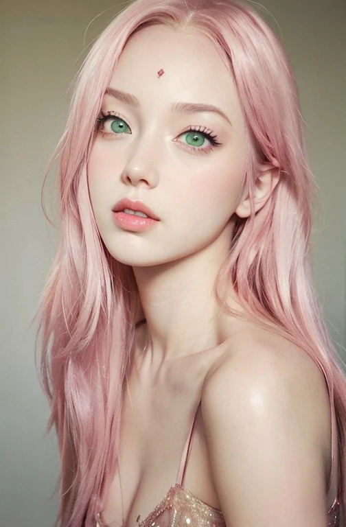 young woman, short shoulder-length pink hair, wide forehead, porcelain skin, pink eyebrows, big emerald green eyes, buttoned nose, full lips, heart-shaped face, slender body, small breasts, red tank top, Sakura Haruno , realistic, realism, details, 3d, wel...