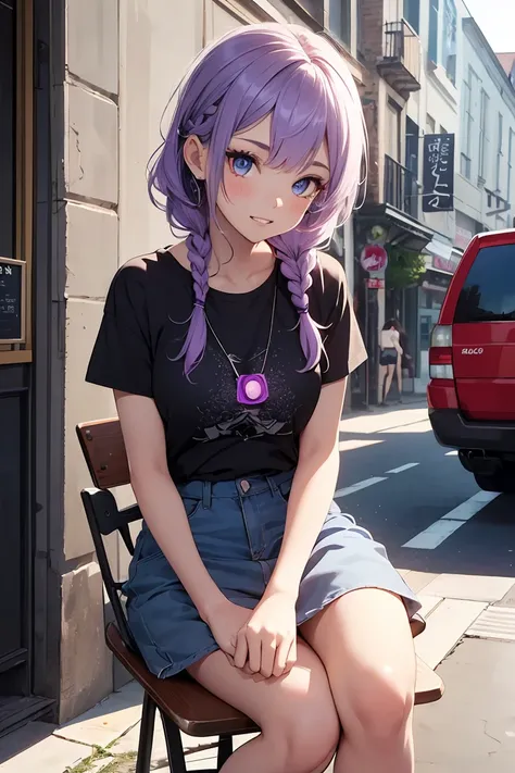 ((1 girl)), latest trend clothes, Sit on a chair, Neon Color Fashion, Put your hands in your pockets, Street fashion,T-Shirts, mini skirt, Cowboy Shot,((Very detailed,highest quality, High resolution, 8k wallpaper, Beautiful clothes,)),((Light purple hair,...