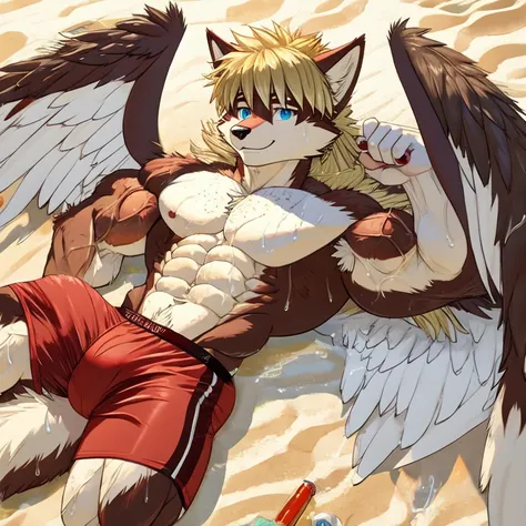 (masterpiece, Best quality:1.2), very young wolf boy, lying on the beach, in speedos, body covered in dark red fur, Furry style,sexual,horny,very muscular wild ,full height,veiny muscles, very long blond hair,freckles on the body and face,blue eyes,defined...