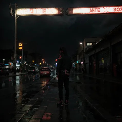 Mexico city, fallen angels, rainy night, huge fire in the sky, dark emo goth aesthetic , rain, neon, crime